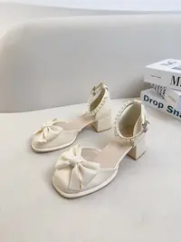w2732包头凉鞋女新款蝴蝶结一字带中空鞋仙女风玛丽珍高跟鞋