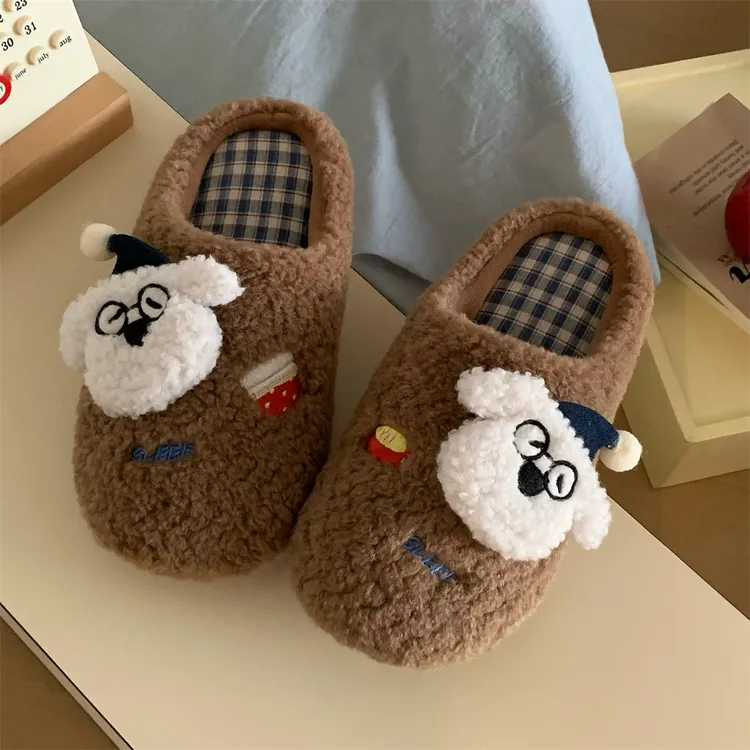细细条 男女防滑趣味狗狗月子居家毛毛鞋可爱情侣保暖棉拖鞋冬季
