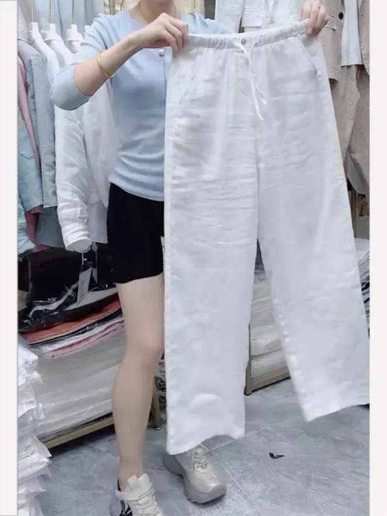 白色双扣亚麻休闲裤女夏季薄款大码胖mm减龄显瘦长裤宽松阔腿裤