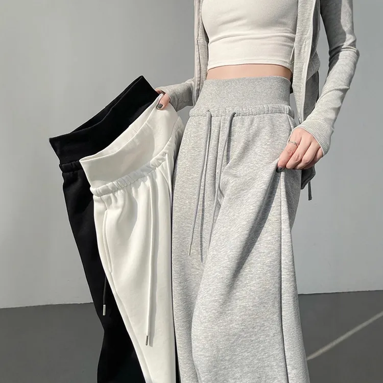 美式灰色运动裤子女秋冬收腹高腰垂感阔腿裤直筒宽松休闲拖地卫裤