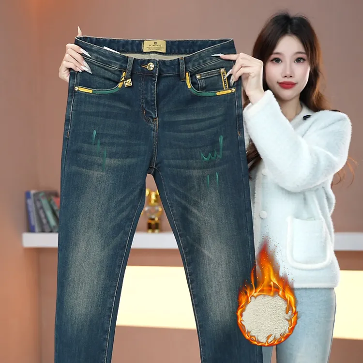 彩绘抓绒秋冬男士牛仔裤休闲时尚弹力潮流保暖长裤