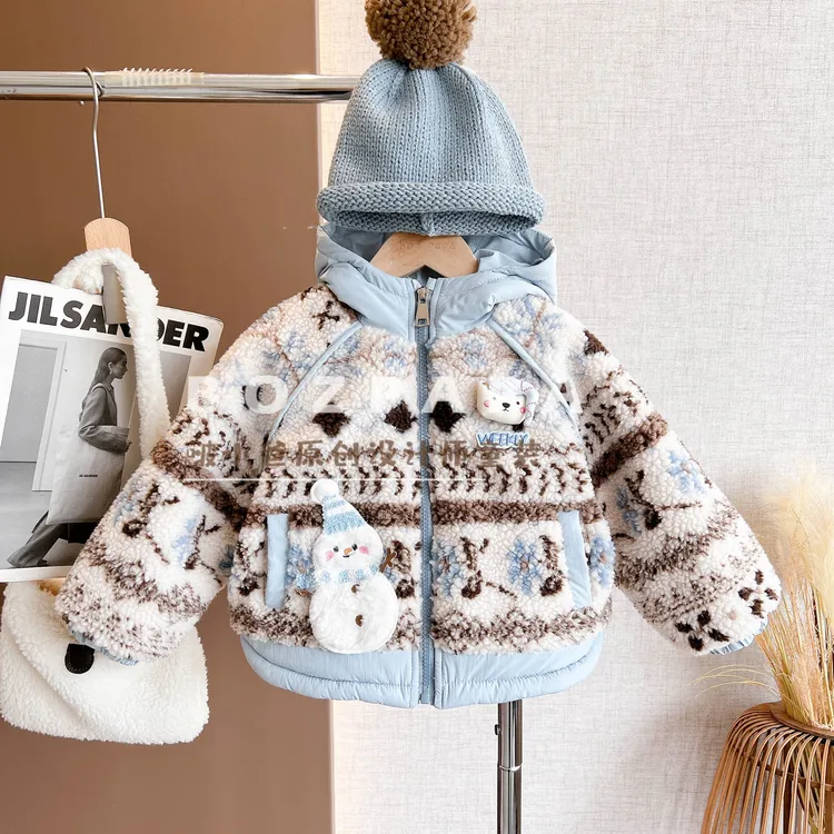 啵小爸【清湛晚空】2025冬季新款男童毛毛几何图案连帽夹棉外套