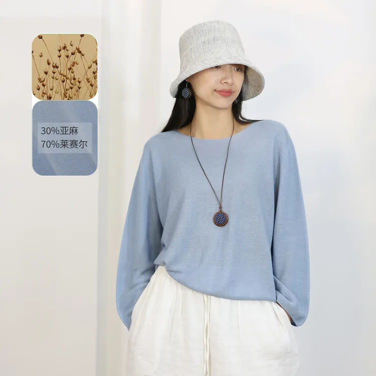 饮水鸟夏亚麻+天丝莱赛尔针织长袖圆领薄款卷边宽松防晒透气晾感