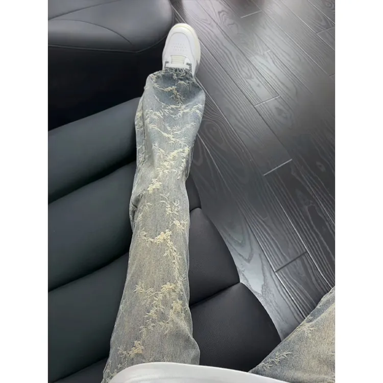浅蓝色荆棘提花牛仔裤美式高街vibe裤子男秋季水洗直筒微喇弯刀裤