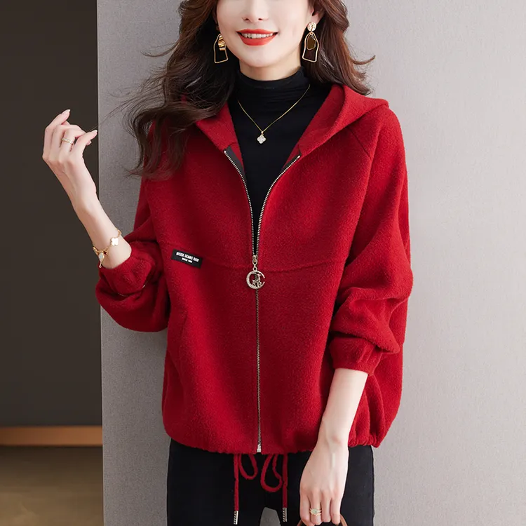 高级感女士连帽毛呢开衫春秋加厚2025年新款女装连帽外套宽松显瘦