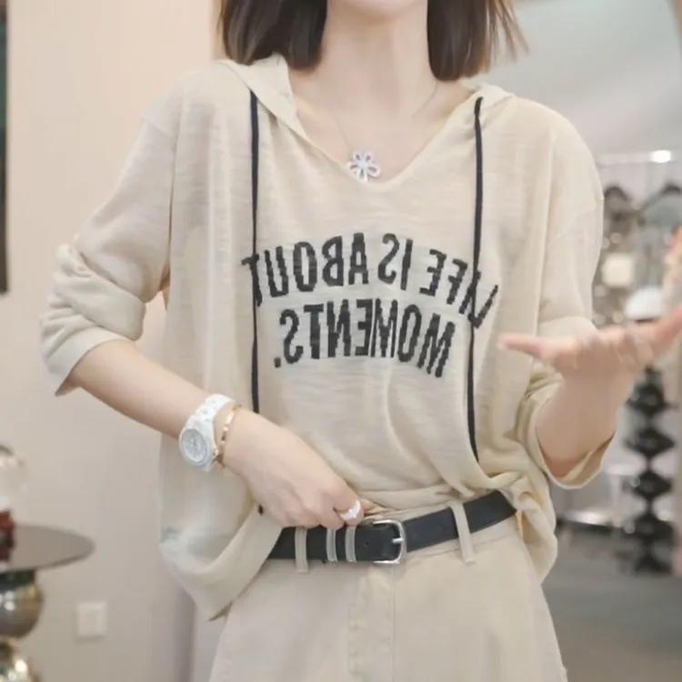 印花韩版帽衫字母防晒风衣常规款长袖薄款上衣连帽防晒衣夏季休闲