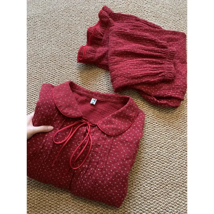 新年红色碎花棉纱睡衣女春秋款甜美小众棉纱家居服大码套装可外穿