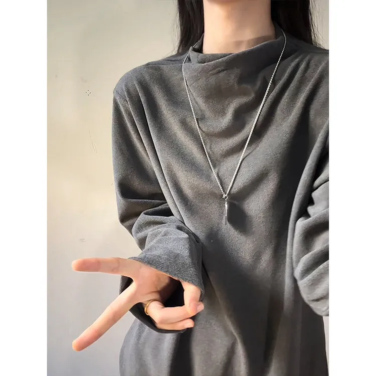 黑色交叉连身领正肩长袖T恤男款秋冬季美式纯色内搭德绒打底衫