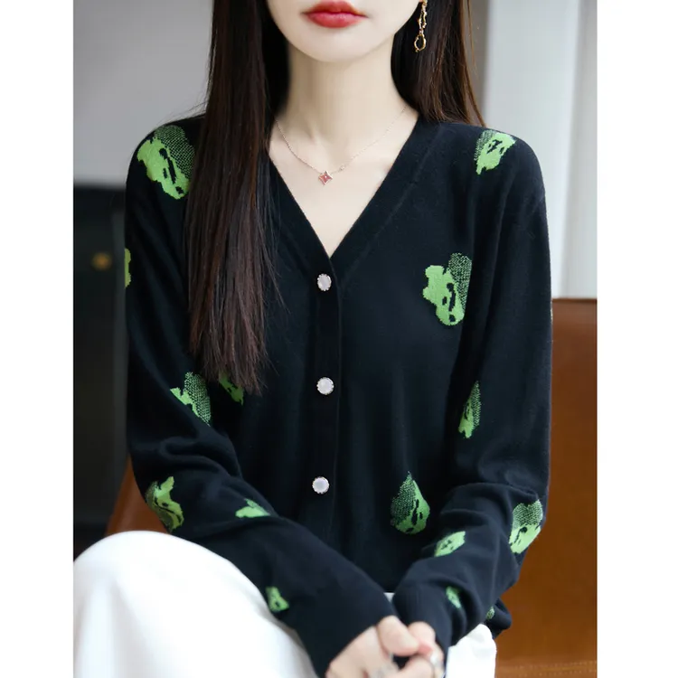 哥弟阿玛施正品秋季提花精纺毛针织开衫外套女宽松长袖V领上衣薄