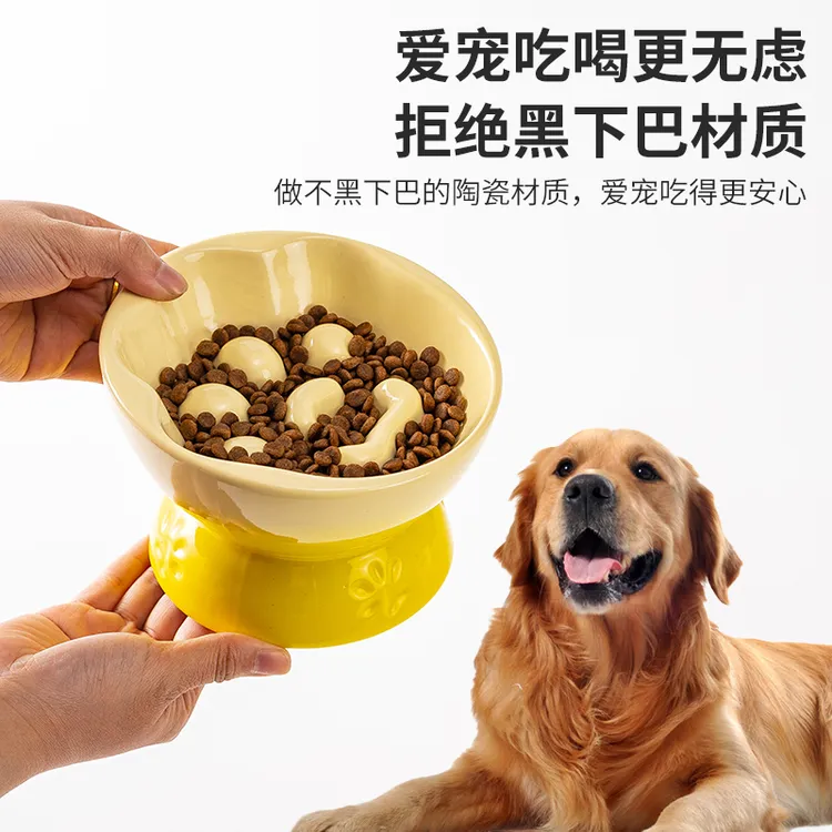 陶瓷慢食碗狗碗高脚斜口猫碗宠物碗保护颈椎高颜值釉下彩猫食碗