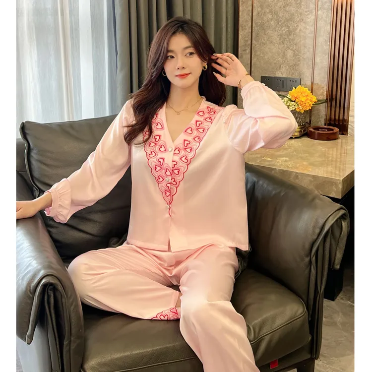 长款V领成人常规款女睡衣韩版性感家居服休闲套装