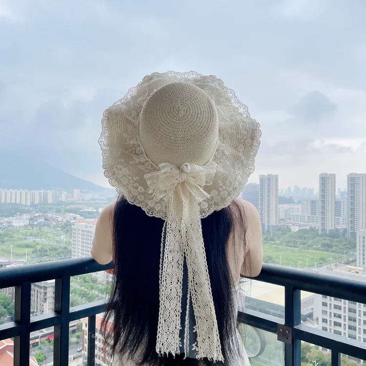 洛丽塔蕾丝加长蝴蝶结草帽夏季防晒太阳帽海边沙滩度假遮阳帽帽子