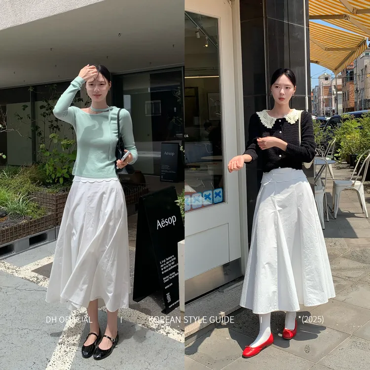 DH OFFICIAL 大花【梦露白茶 White】法式显瘦收腰慵懒伞摆半身裙