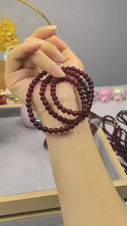 合金琉璃手链 石榴红卡6mm素圈3圈女款双带手链项链气质