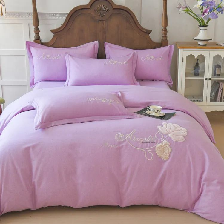 高档纯棉全棉绣花四件套加厚斜纹双人被套床单四件套床上用品纯色