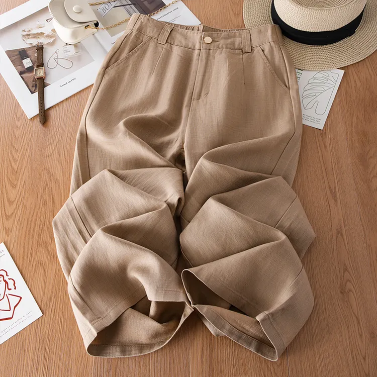 夏季休闲裤女薄款莱赛尔裤子九分裤赫本风垂感复古宽松亚麻阔腿裤