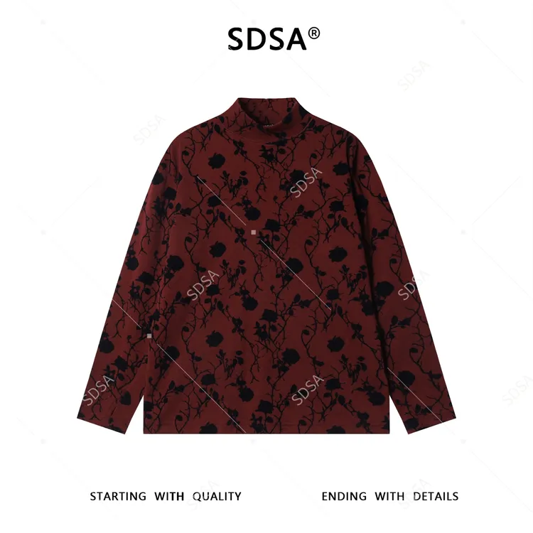 SDSA男士秋冬新款痞帅男装潮流撞色玫瑰花印花立领长袖T恤百搭