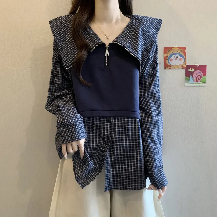 大码女装遮肚子假两件格子长袖衬衫女春秋胖mm宽松显瘦娃娃领上衣