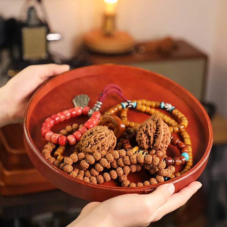 手工制作真皮收纳盘 文玩盘 复古做旧皮盘
