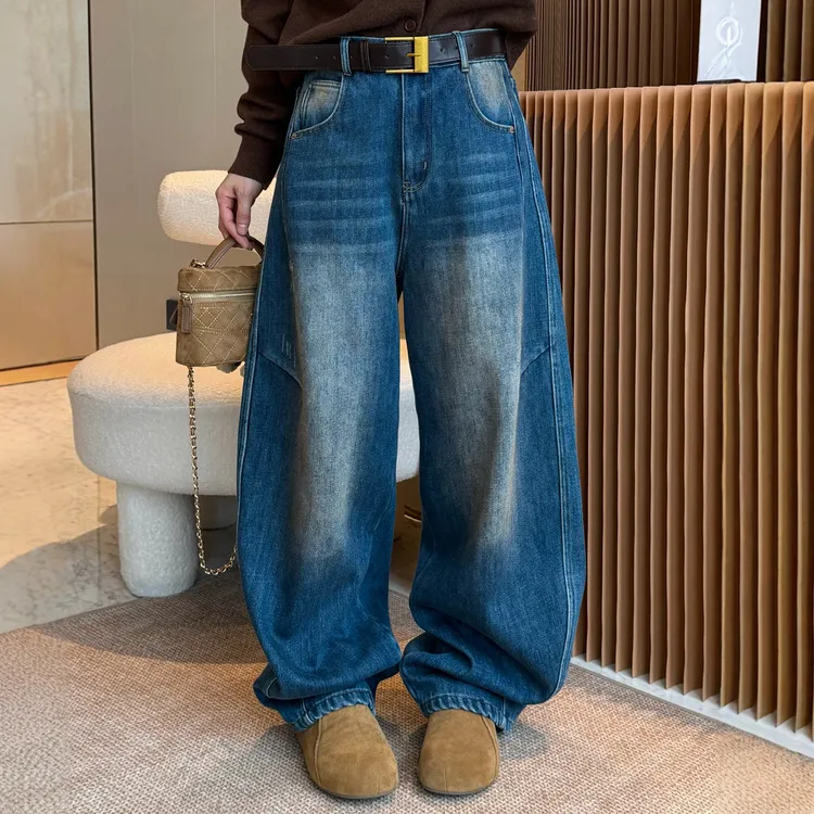 复合绒加绒拖地牛仔裤通用冬装新款欧货通用装时尚阔腿裤潮裤子