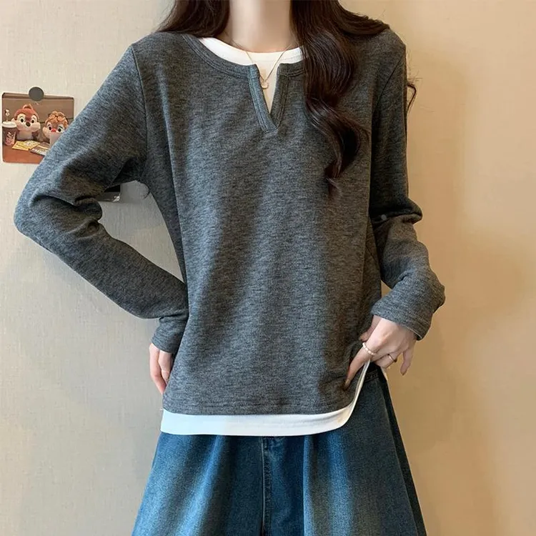 德绒磨毛内搭长袖恤女秋冬宽松大码女装可外穿假两件上衣打底衫
