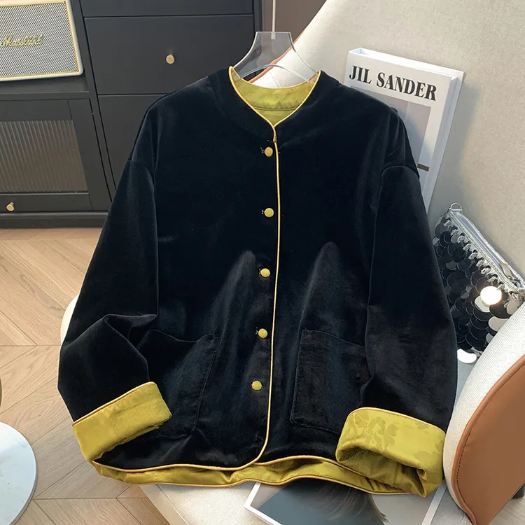 立领双面穿唐装外套女春秋季明星同款盘扣复古丝绒提花新中式上衣