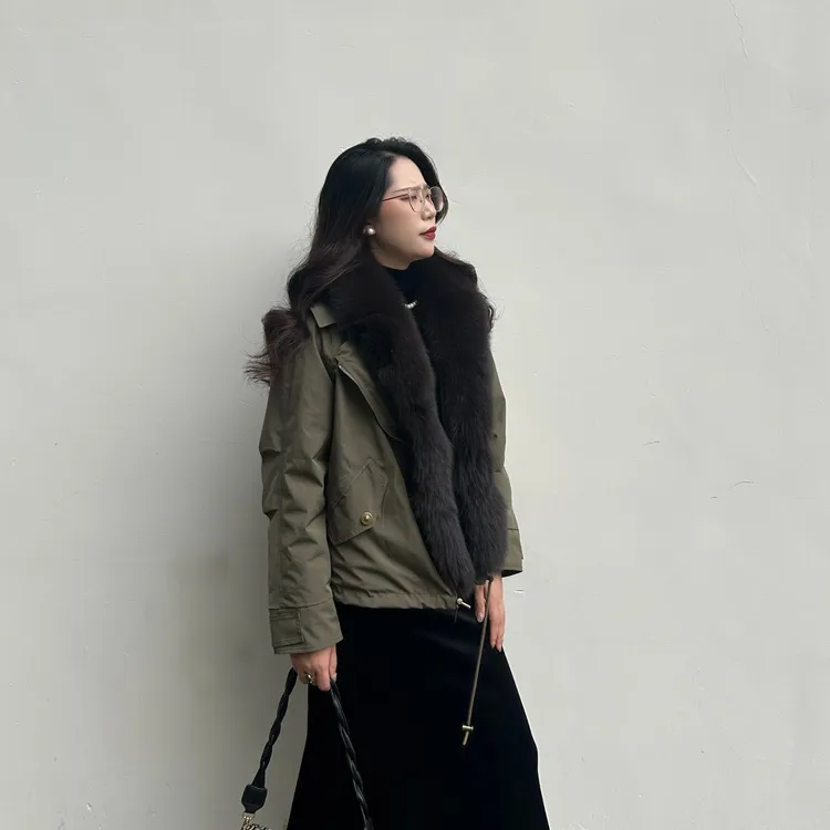 派克服长袖狐狸毛皮草中长款冬季羽绒服