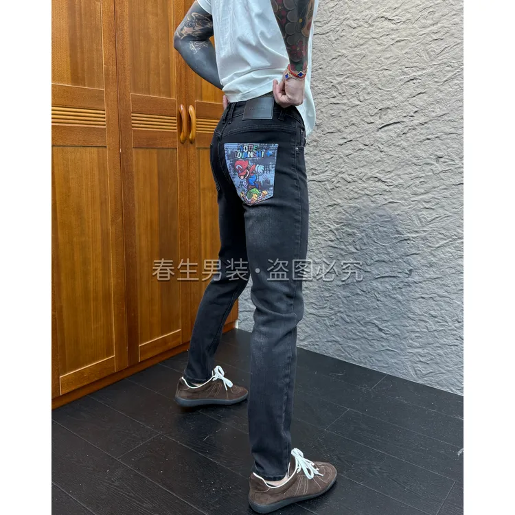 2025秋冬新款时尚休闲百搭黑灰色裤兜印花男士修身合身牛仔裤9359