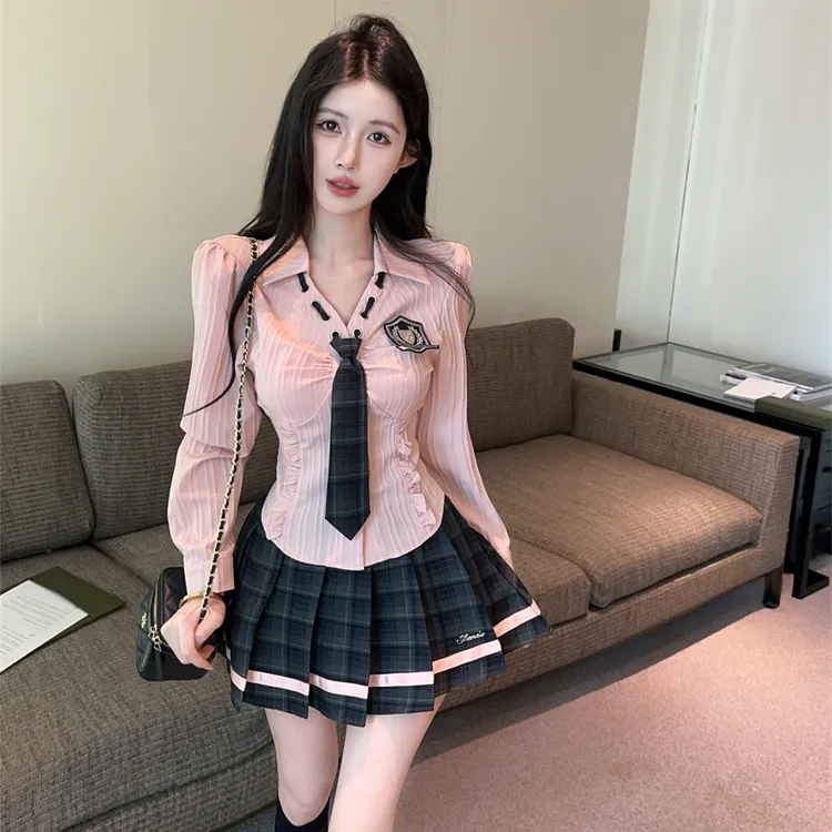 韩系甜辣jk制服学院风套装裙小个子修身长袖衬衫高腰半身裙两件套