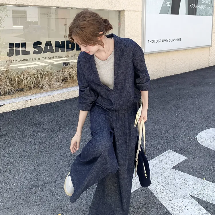 慵懒松弛感复古牛仔套装女2025秋季高级感假两件上衣阔腿裤两件套