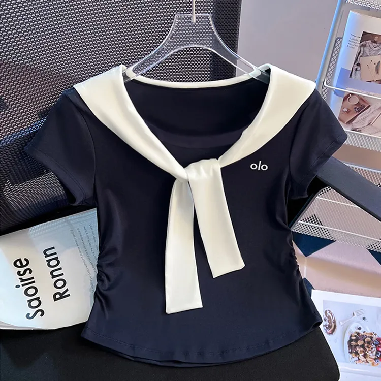 卡莲格/大码T恤女夏季撞色海军风披肩短袖胖mm假两件显瘦圆领上衣