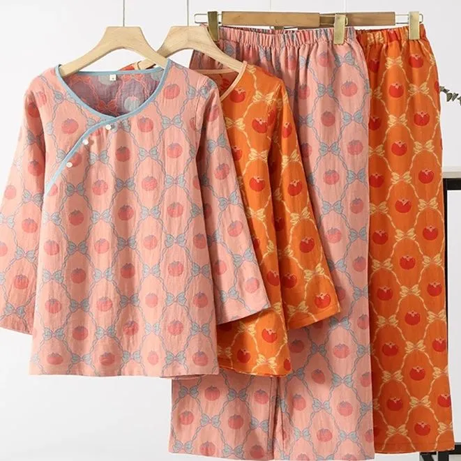 柿柿如意新款纯棉睡衣女春秋夏季薄款长袖宽松2050家居服套装