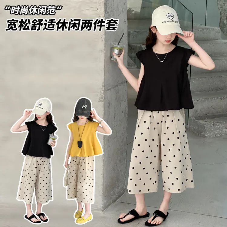 女童网红套装夏季爆款中大童飞袖娃娃衫阔腿裤两件套儿童韩版洋气