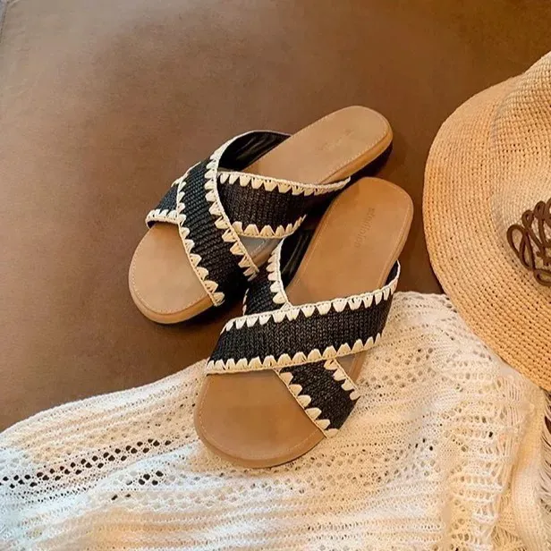 【高品质】慵懒风撞色百搭编织交叉一字带百搭凉拖女夏季老钱风新款
