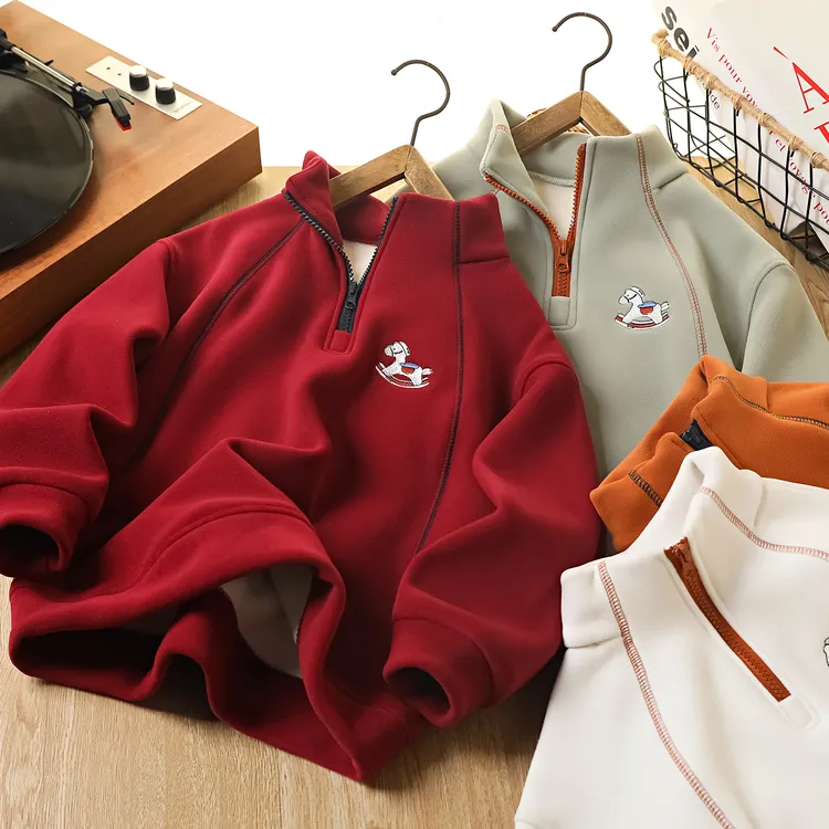 男童儿童中大童刺绣小马绣花类哈H刺绣拉链卫衣加绒含羊毛蚕丝