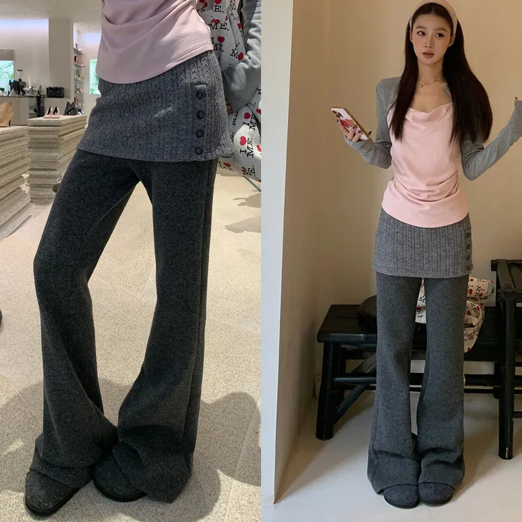 【小池樱花休闲裤】秋冬韩系微喇屁帘假两件休闲裤254H4764