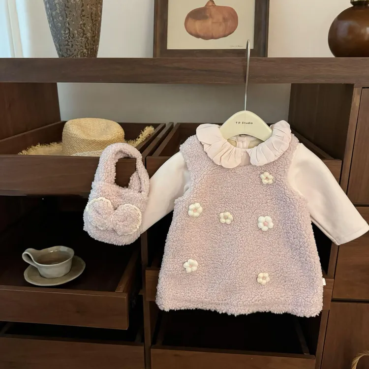 韩系甜美花朵加绒背心裙宝宝加绒打底衫小仙女冬季洋气公主套装冬