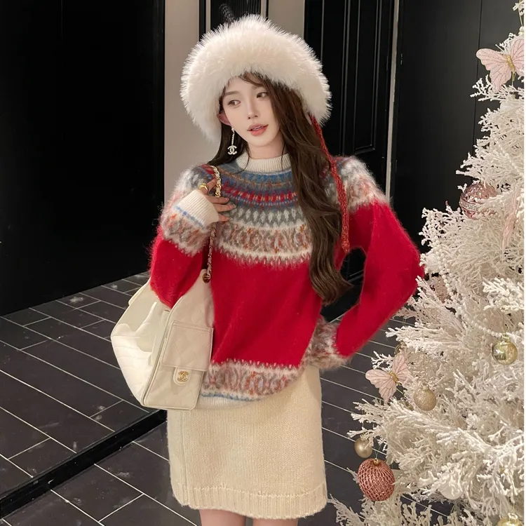 GUIDI GUDI【圣诞费费】绵羊毛拉毛特调红色费岛保暖毛绒感套头毛衣