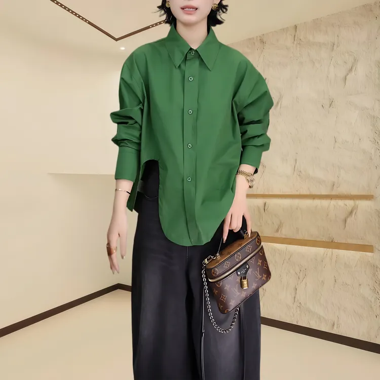 复古风单排扣下摆不规则衬衫2025早秋新款设计感宽松显瘦气质上衣