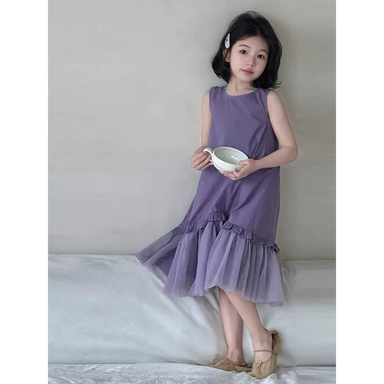 女童连衣裙夏季2025新款儿童网纱拼接背心裙小女孩花边无袖公主裙