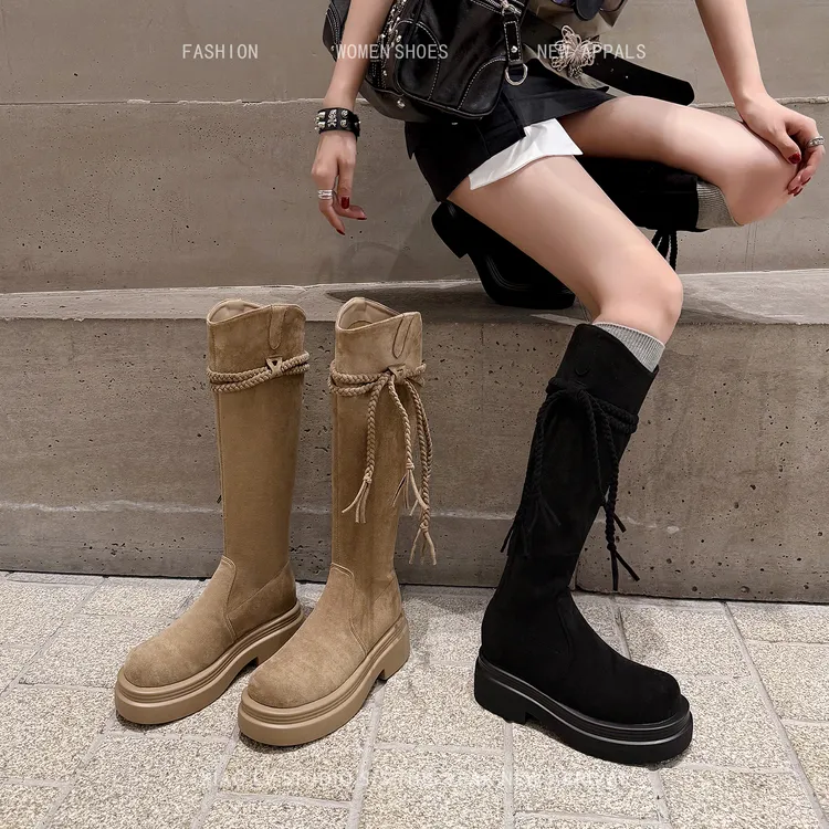 胖mm大码靴子女粗腿复古流苏西部骑士靴大筒围高筒长筒靴厚底长靴