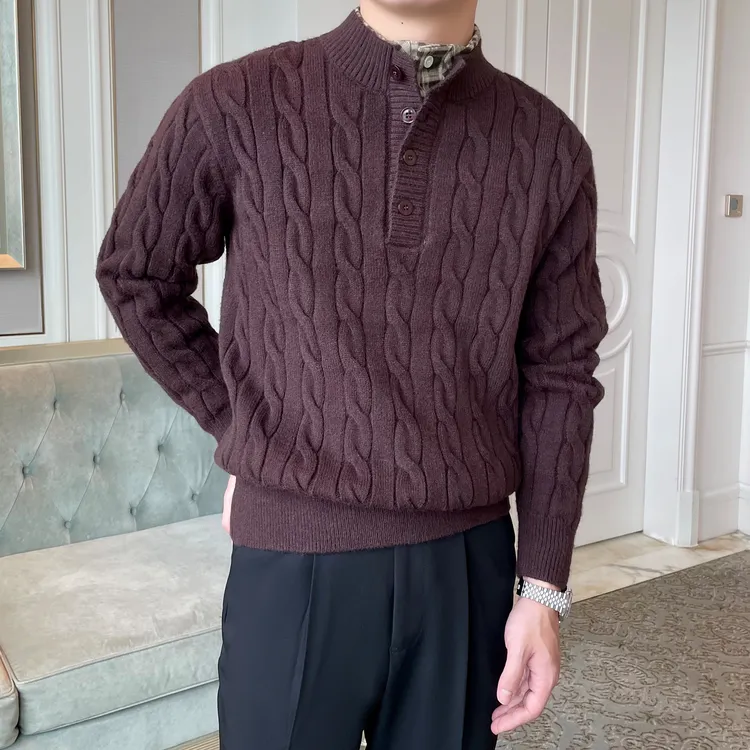 老钱新贵经典假两件拼接双层半高领麻花肌理加厚保暖针织衫男毛衣
