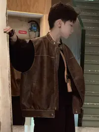 CHU YAO 【日不落】宽松ins复古儿童休闲皮衣秋季无袖常规夹克外套
