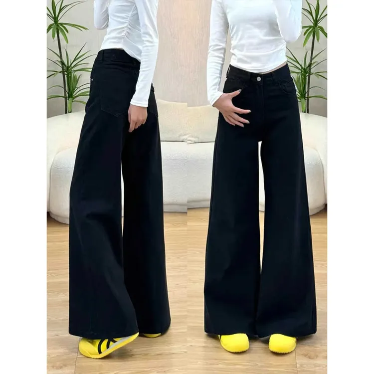 大码美式复古黑色裤子女2025春季新款高腰显瘦喇叭宽胯阔腿牛仔裤
