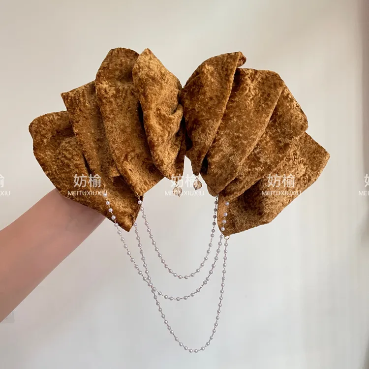 FJ028秋冬暖金丝绒大蝴蝶结链条发夹女后脑勺弹簧夹一字夹纯手工