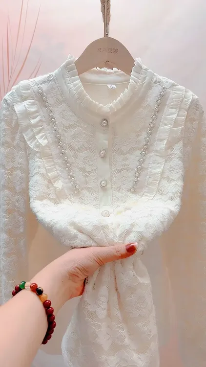 依26#秋冬加绒立领加厚保暖衬衫蕾丝宽松新款打底显瘦遮肉上衣女