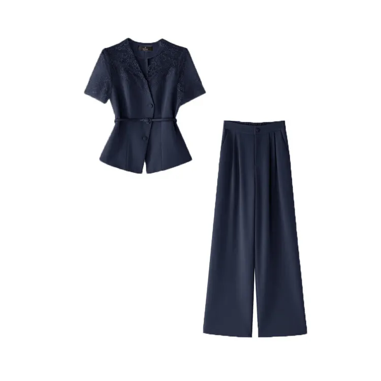 【纪朵研】0570夏季名媛镂空蕾丝拼接通勤气质时尚西装阔腿裤套装