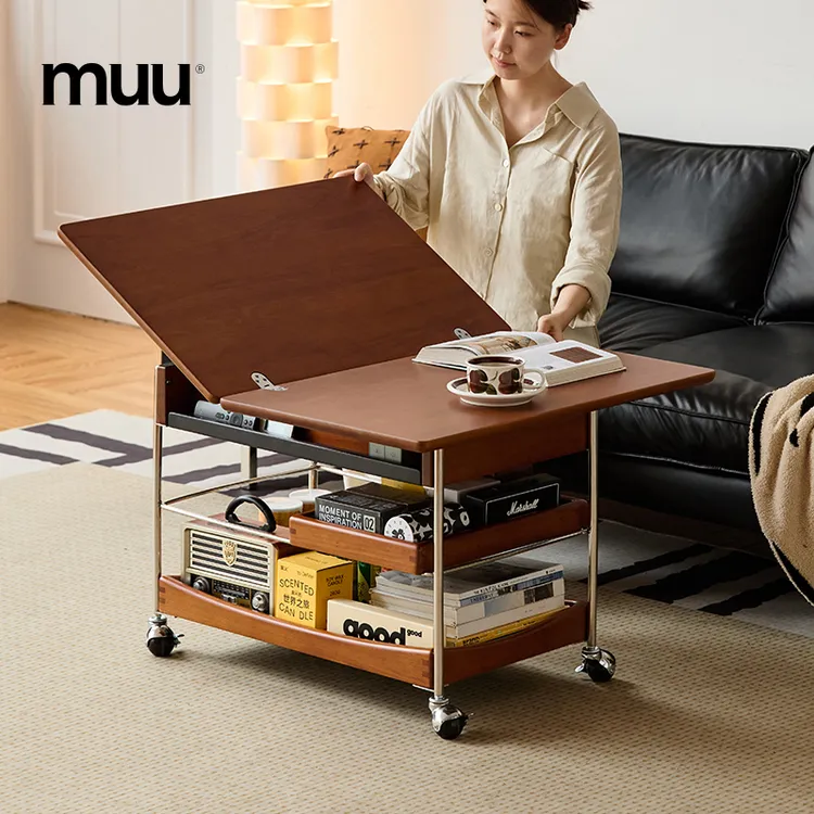 【缪斯折叠茶几】实木茶几家用客厅小推车中古风小户型可移动折叠