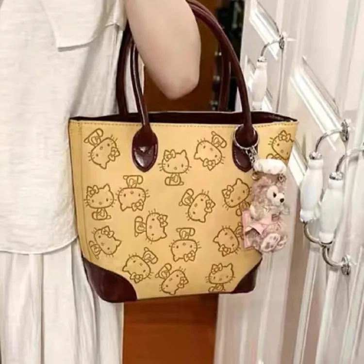 包包女2025中古可爱HelloKitty拼接手提包PU百搭通勤托特包水桶