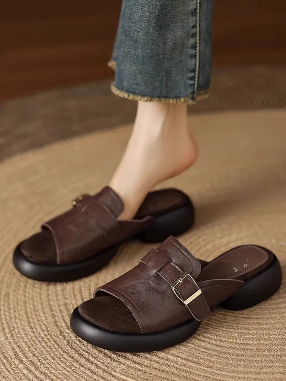 巨软羊皮圆头一脚蹬懒人凉拖鞋女夏季新款时尚外穿法式厚底一字拖